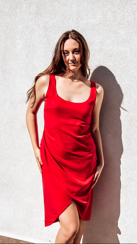 Tencel™ Lyocell sheath dress with wrap closure and gathering on the front